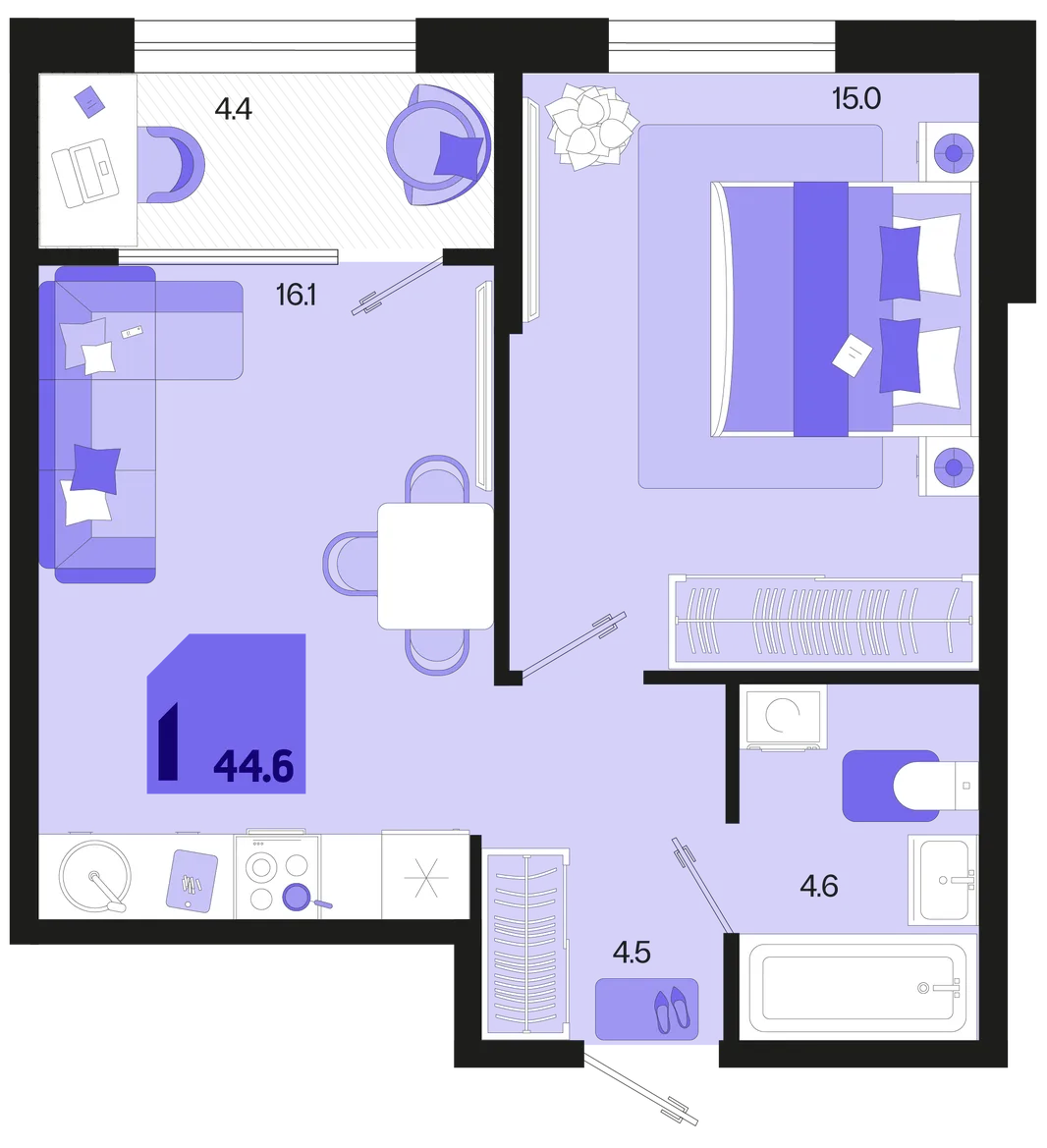 Планировка 1-комн. квартира, 44.6 м² ЖК «Первое место»