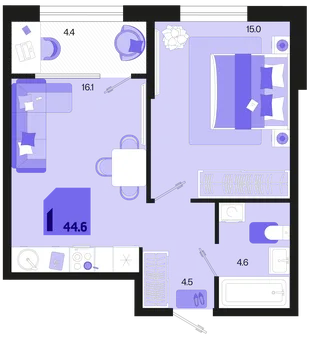Планировка 1-комн. квартира, 44.6 м² ЖК «Первое место»