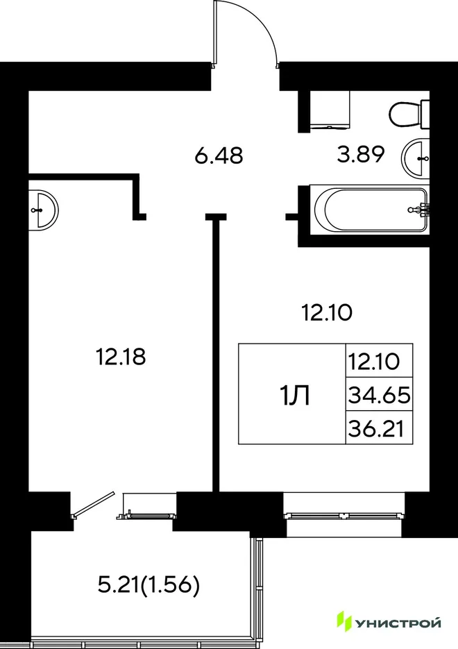 Планировка 1-комн. квартира, 36.21 м² ЖК «Царёво City»