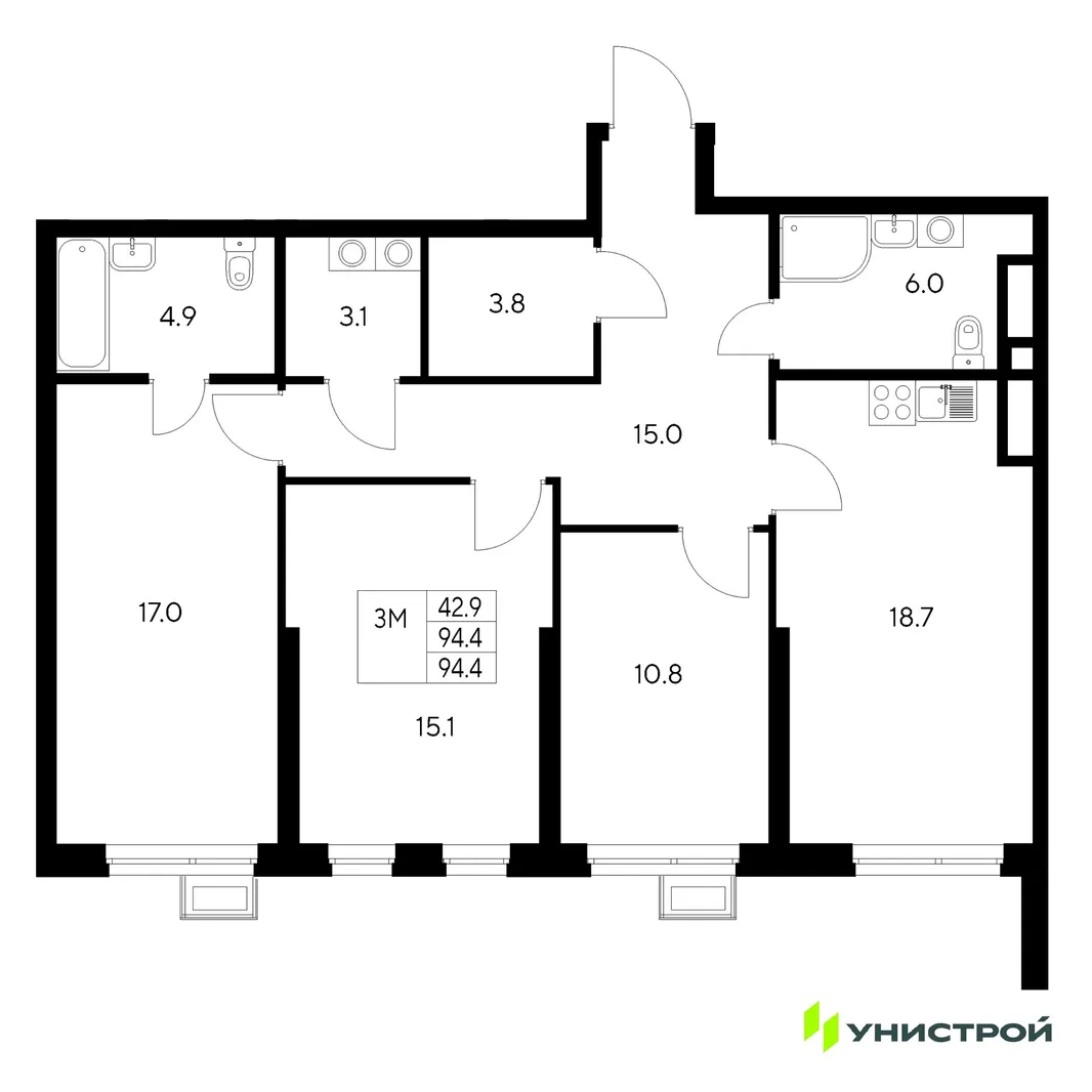 Планировка 3-комн. квартира, 94.4 м² ЖК «Стадиум»