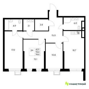 Планировка 3-комн. квартира, 94.4 м² ЖК «Стадиум»