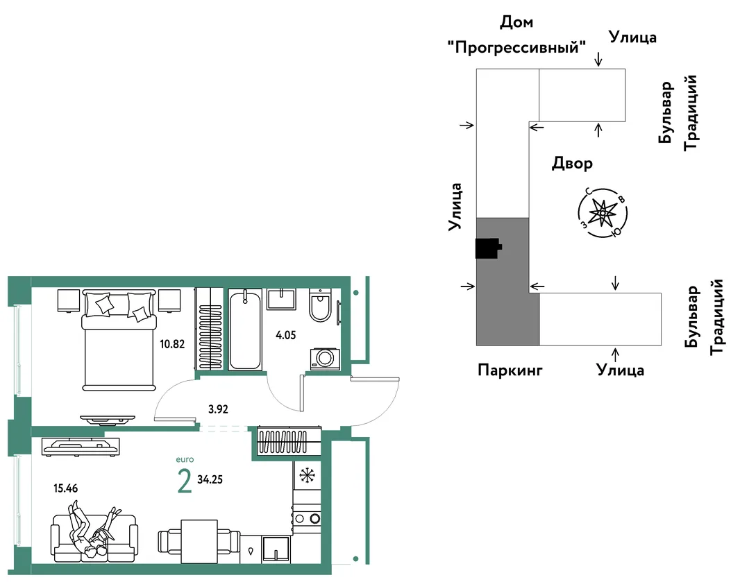 Планировка 2-комн. квартира, 34.25 м² ЖК «Микрорайон Домашний»