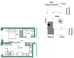 Планировка 2-комн. квартира, 34.25 м² ЖК «Микрорайон Домашний»