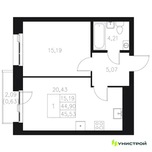 Планировка 1-комн. квартира, 45.53 м² ЖК «Statum»