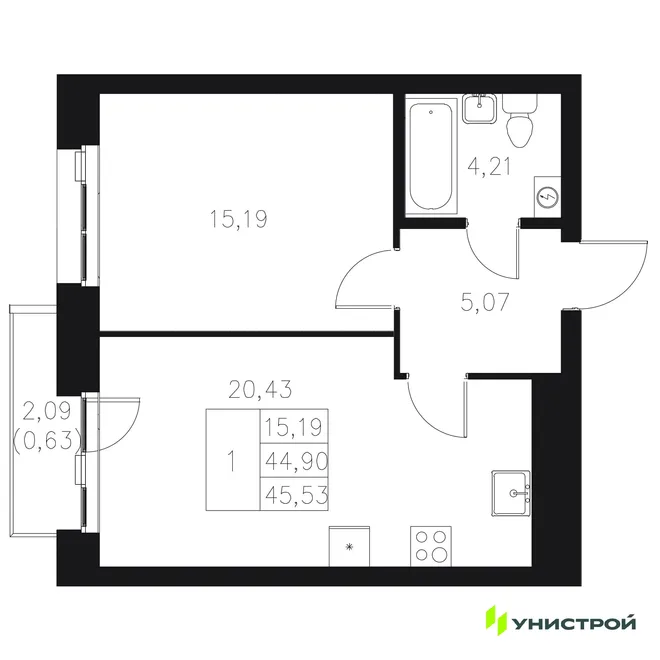 Планировка 1-комн. квартира, 45.53 м² ЖК «Statum» Планировка 1-комн. квартира, 45.53 м² ЖК «Statum»