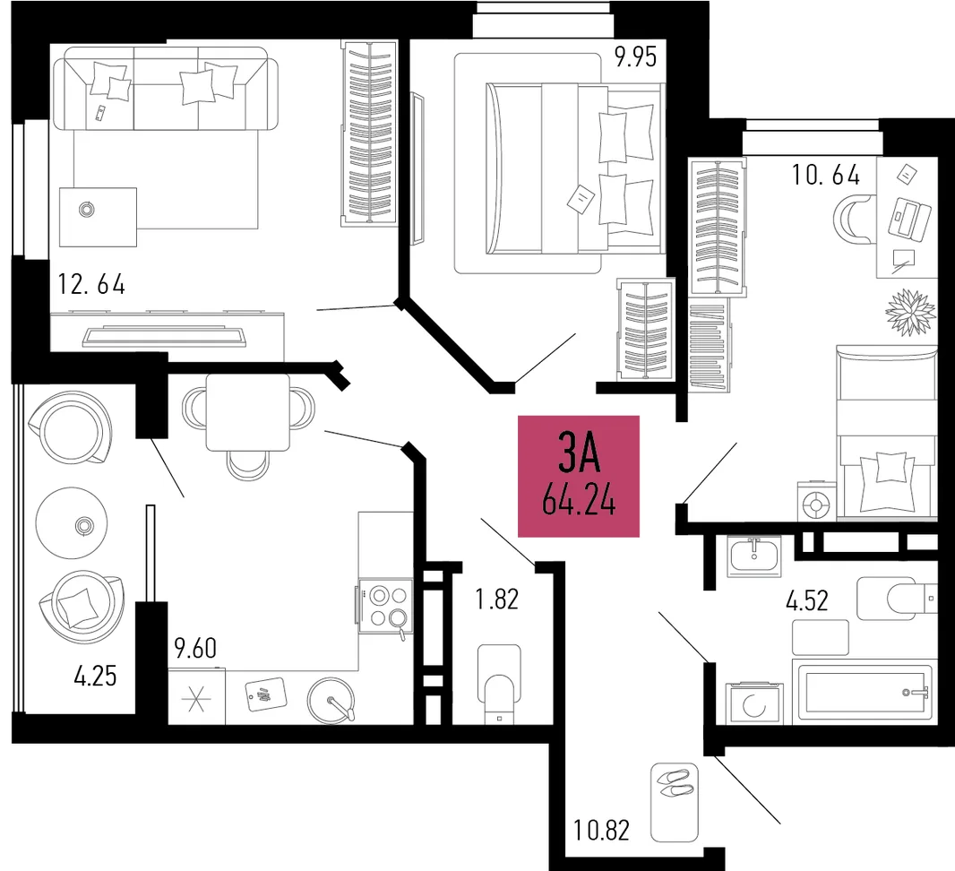 Планировка 3-комн. квартира, 64.24 м² ЖК «Столицыно»