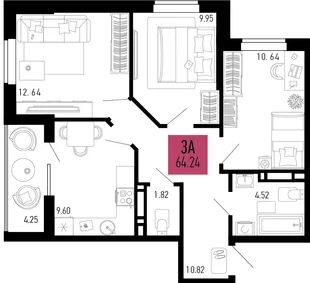 Планировка 3-комн. квартира, 64.24 м² ЖК «Столицыно»