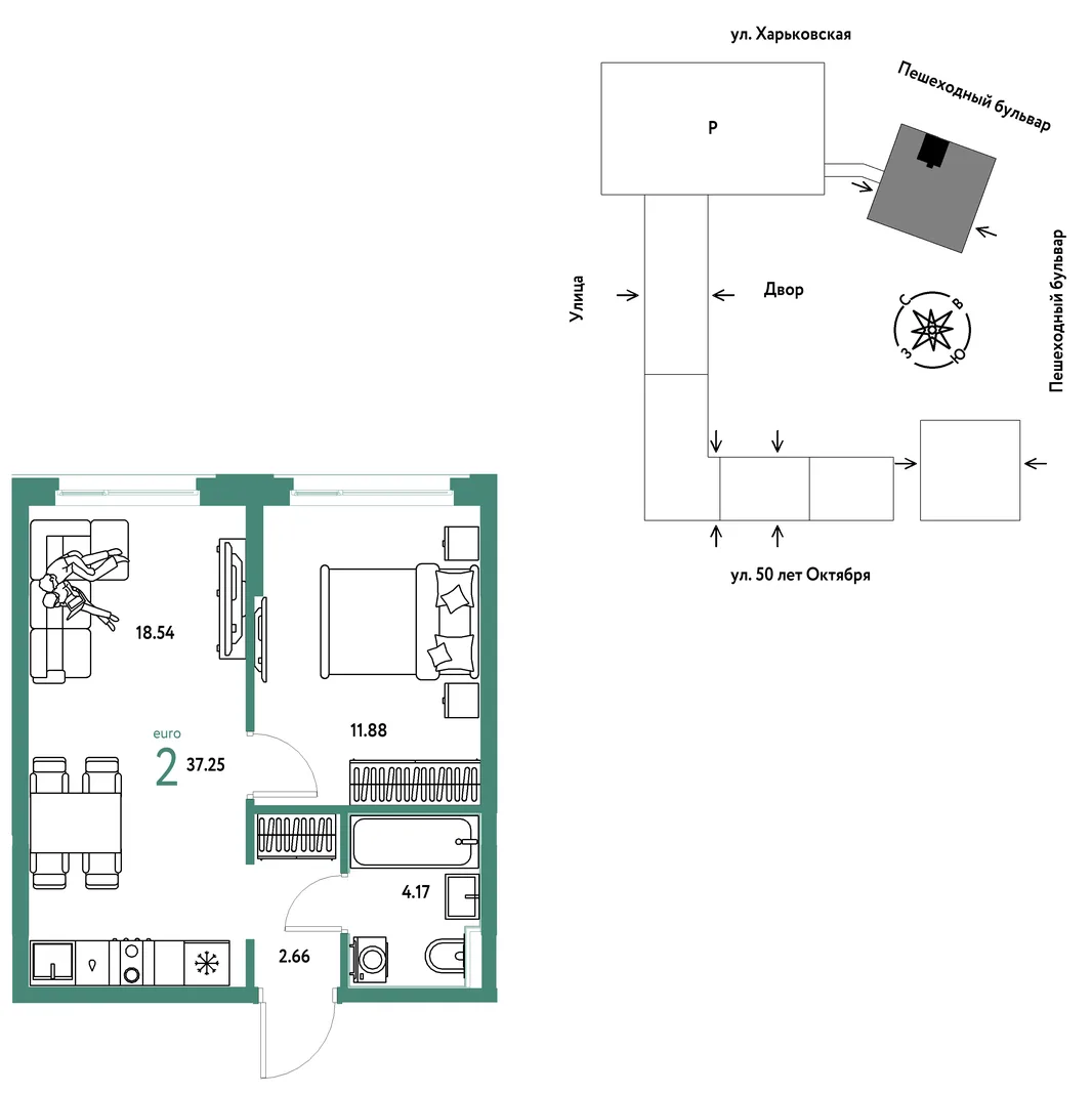Планировка 2-комн. квартира, 37.25 м² ЖК «Сердце Сибири»
