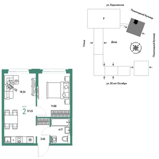 Планировка 2-комн. квартира, 37.25 м² ЖК «Сердце Сибири»