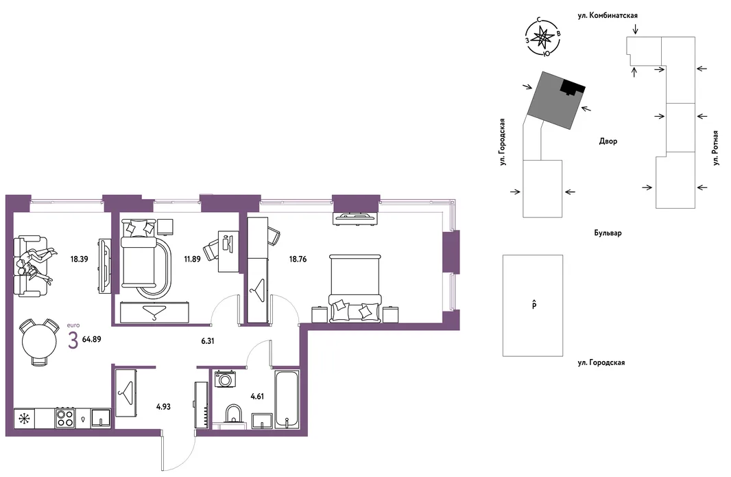 Планировка 3-комн. квартира, 64.89 м² ЖК «Уральский сад»
