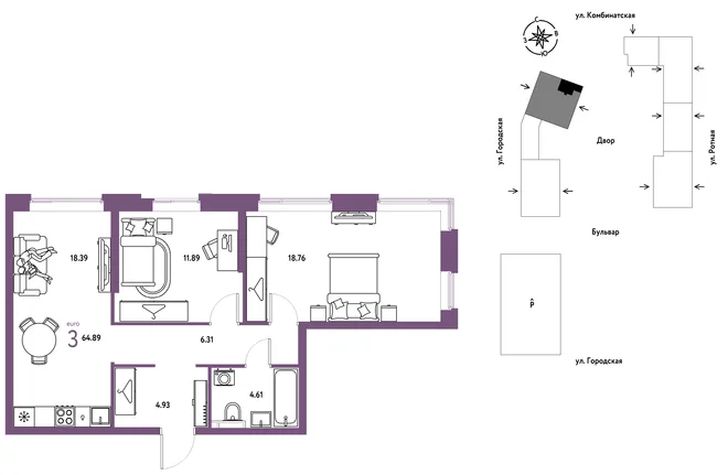 Планировка 3-комн. квартира, 64.89 м² ЖК «Уральский сад» Планировка 3-комн. квартира, 64.89 м² ЖК «Уральский сад»