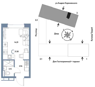 Планировка Студия, 21.38 м² ЖК «Микрорайон Домашний»