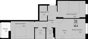 Планировка 3-комн. квартира, 63.8 м² ЖК «Васильевский остров»