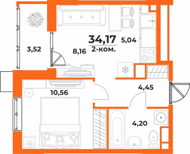 Планировка 2-комн. квартира, 34.17 м² ЖК «Живописный сад» Планировка 2-комн. квартира, 34.17 м² ЖК «Живописный сад»