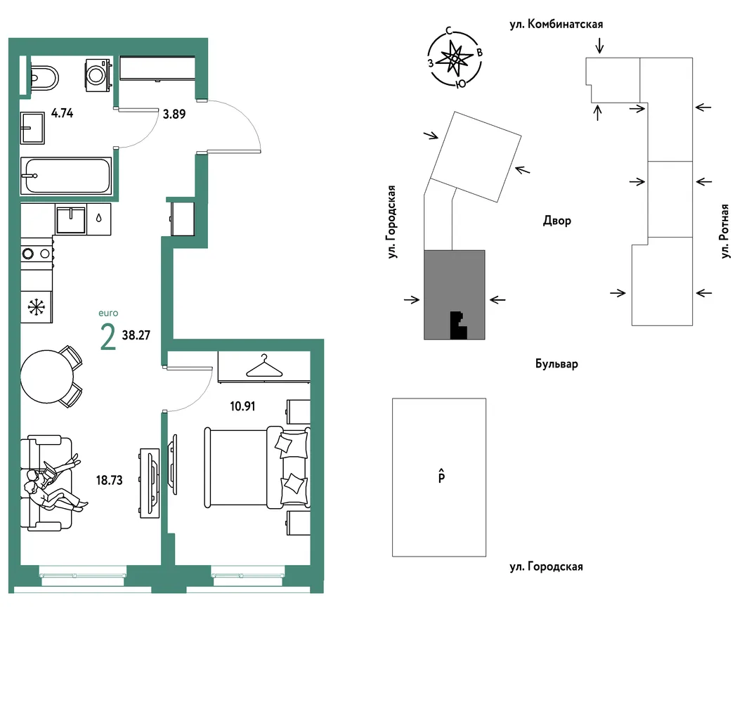 Планировка 2-комн. квартира, 38.27 м² ЖК «Уральский сад»