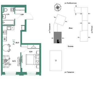 Планировка 2-комн. квартира, 38.27 м² ЖК «Уральский сад»