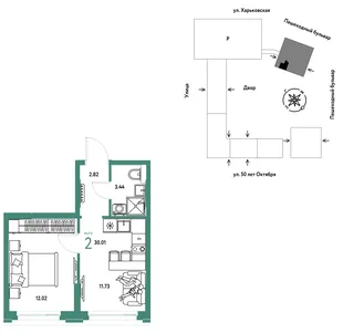 Планировка 2-комн. квартира, 30.01 м² ЖК «Сердце Сибири»