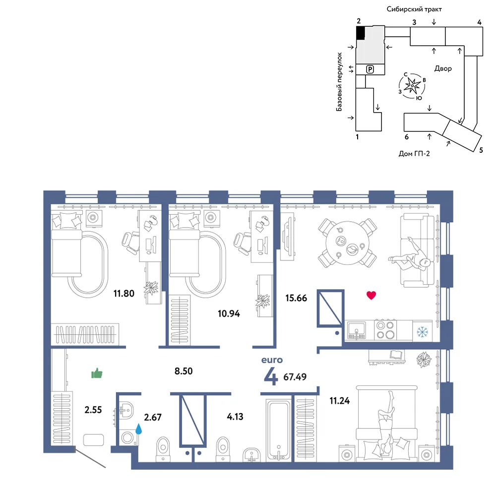 Планировка 4-комн. квартира, 67.49 м² ЖК «Сибирский сад»