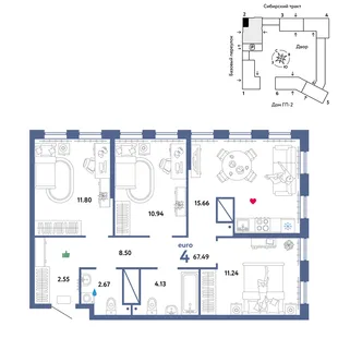 Планировка 4-комн. квартира, 67.49 м² ЖК «Сибирский сад»