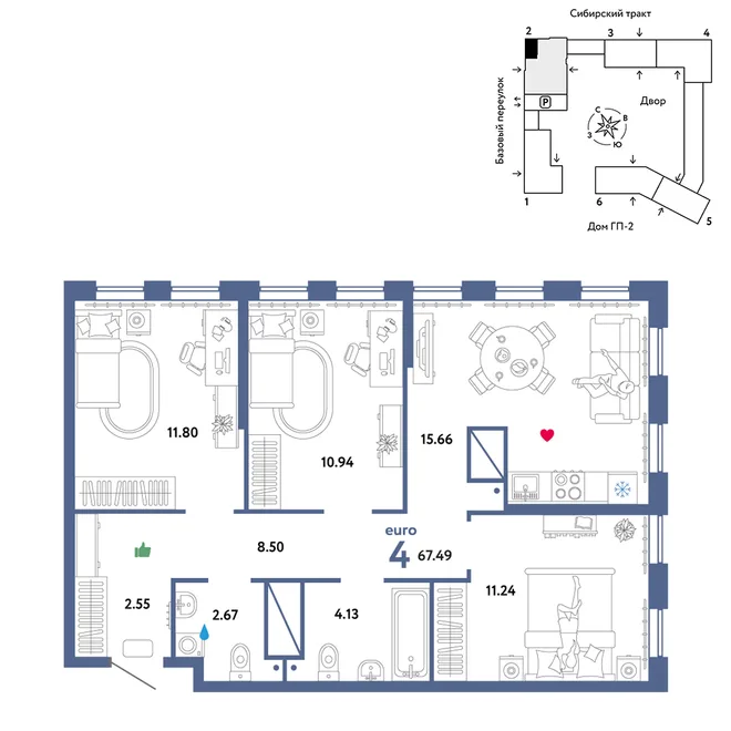 Планировка 4-комн. квартира, 67.49 м² ЖК «Сибирский сад» Планировка 4-комн. квартира, 67.49 м² ЖК «Сибирский сад»