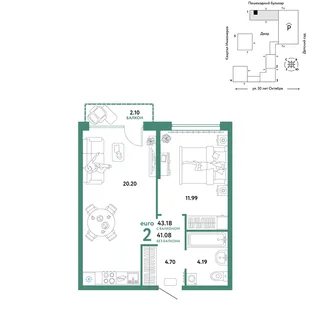 Планировка 2-комн. квартира, 43.18 м² ЖК «Сердце Сибири»