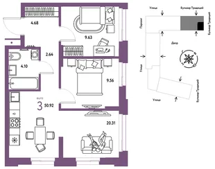 Планировка 3-комн. квартира, 50.92 м² ЖК «Микрорайон Домашний»