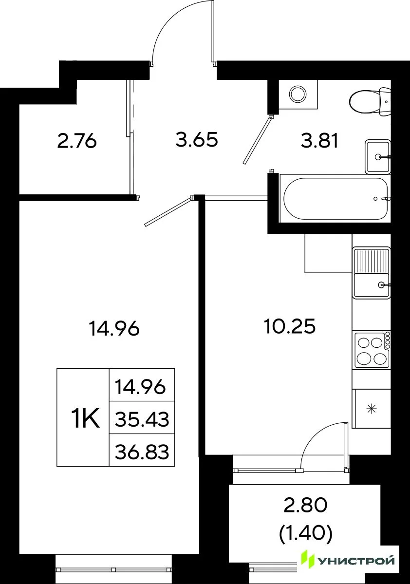Планировка 1-комн. квартира, 36.83 м² ЖК «Уникод На Залесной»
