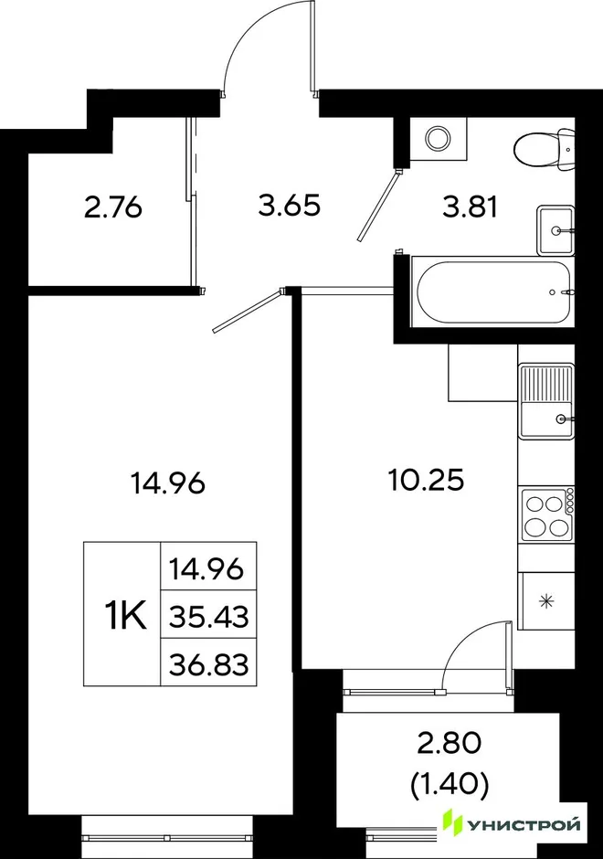 Планировка 1-комн. квартира, 36.83 м² ЖК «Уникод На Залесной» Планировка 1-комн. квартира, 36.83 м² ЖК «Уникод На Залесной»