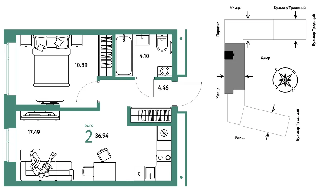 Планировка 2-комн. квартира, 36.94 м² ЖК «Микрорайон Домашний»