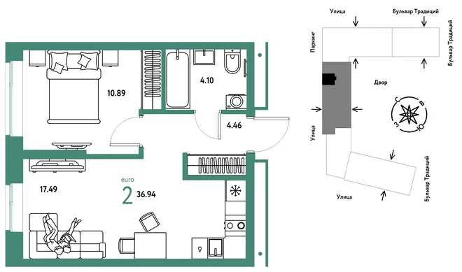 Планировка 2-комн. квартира, 36.94 м² ЖК «Микрорайон Домашний» Планировка 2-комн. квартира, 36.94 м² ЖК «Микрорайон Домашний»