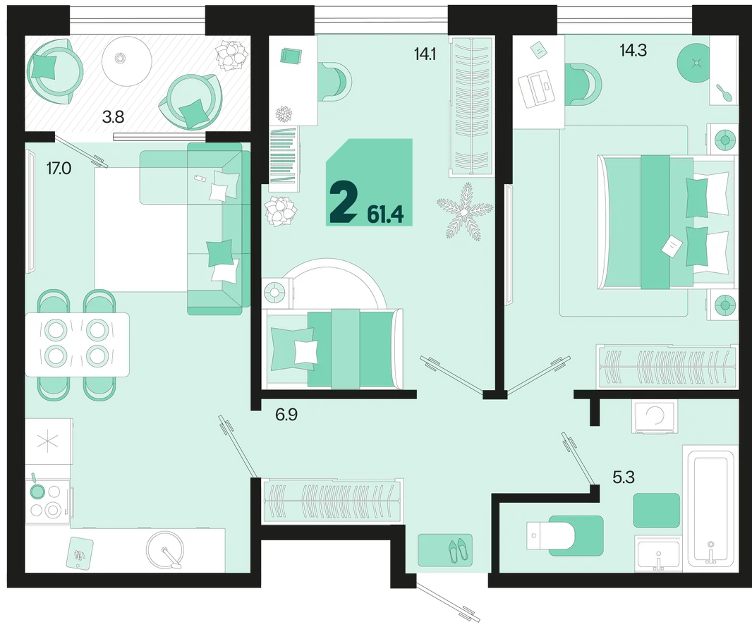 Планировка 2-комн. квартира, 61.4 м² ЖК «Первое место»
