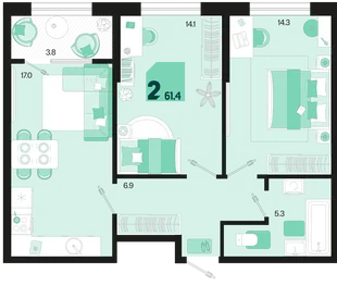 Планировка 2-комн. квартира, 61.4 м² ЖК «Первое место»