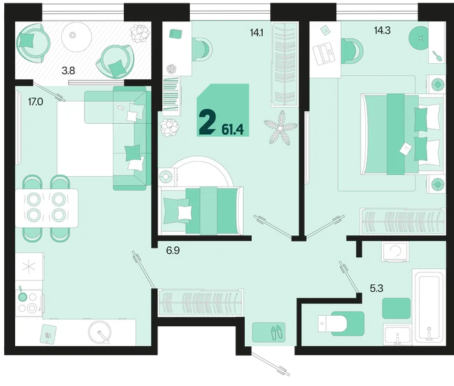 Планировка 2-комн. квартира, 61.4 м² ЖК «Первое место» Планировка 2-комн. квартира, 61.4 м² ЖК «Первое место»
