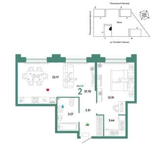 Планировка 2-комн. квартира, 51.1 м² ЖК «Микрорайон Звездный»