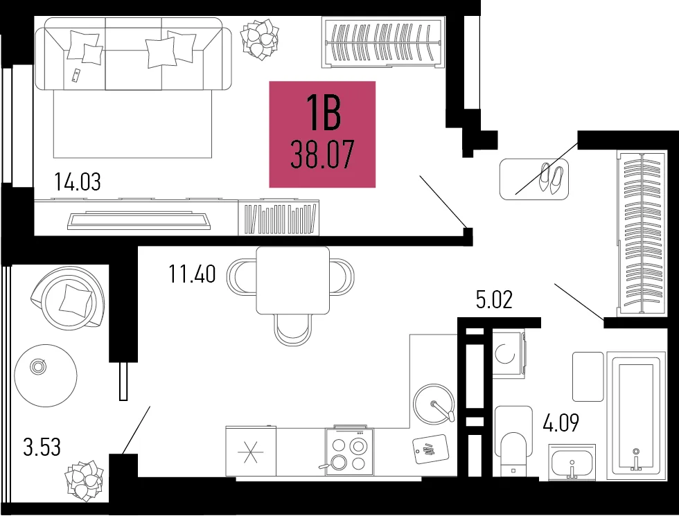 Планировка 1-комн. квартира, 38.07 м² ЖК «Столицыно»