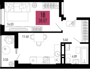 Планировка 1-комн. квартира, 38.07 м² ЖК «Столицыно»