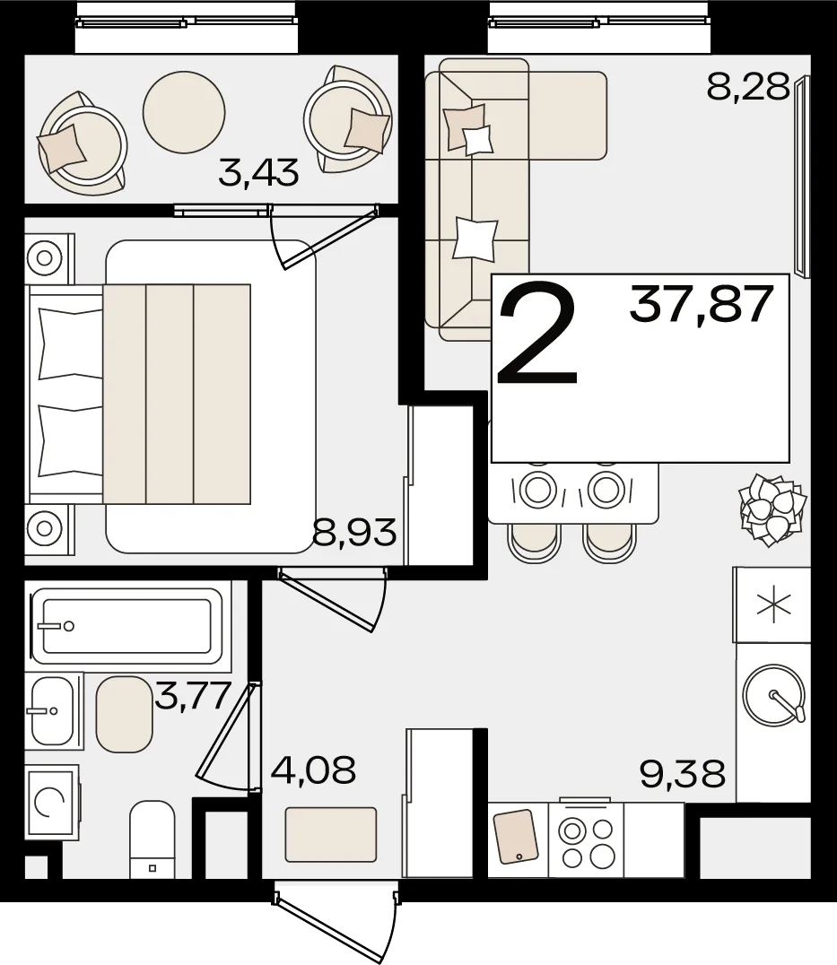 Планировка 2-комн. квартира, 37.87 м² ЖК «Патрики»