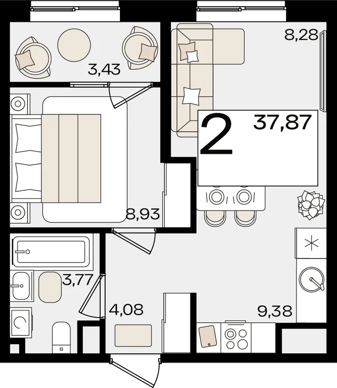 Планировка 2-комн. квартира, 37.87 м² ЖК «Патрики»