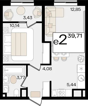 Планировка 2-комн. квартира, 39.71 м² ЖК «Патрики»
