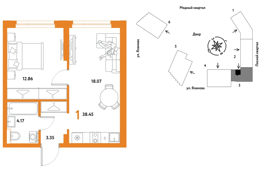 Планировка 1-комн. квартира, 38.45 м² ЖК «Сибирский сад»