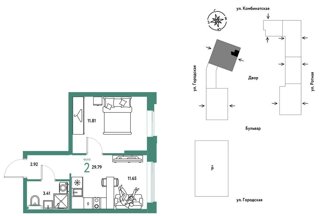 Планировка 2-комн. квартира, 29.79 м² ЖК «Уральский сад»