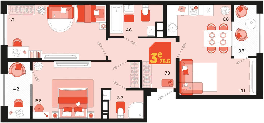 Планировка 3-комн. квартира, 75.4 м² ЖК «Первое место»
