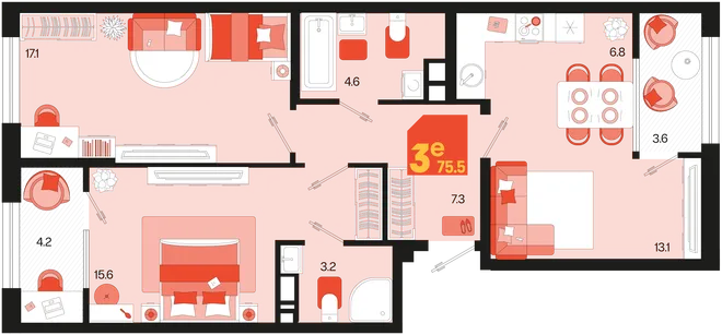 Планировка 3-комн. квартира, 75.4 м² ЖК «Первое место» Планировка 3-комн. квартира, 75.4 м² ЖК «Первое место»