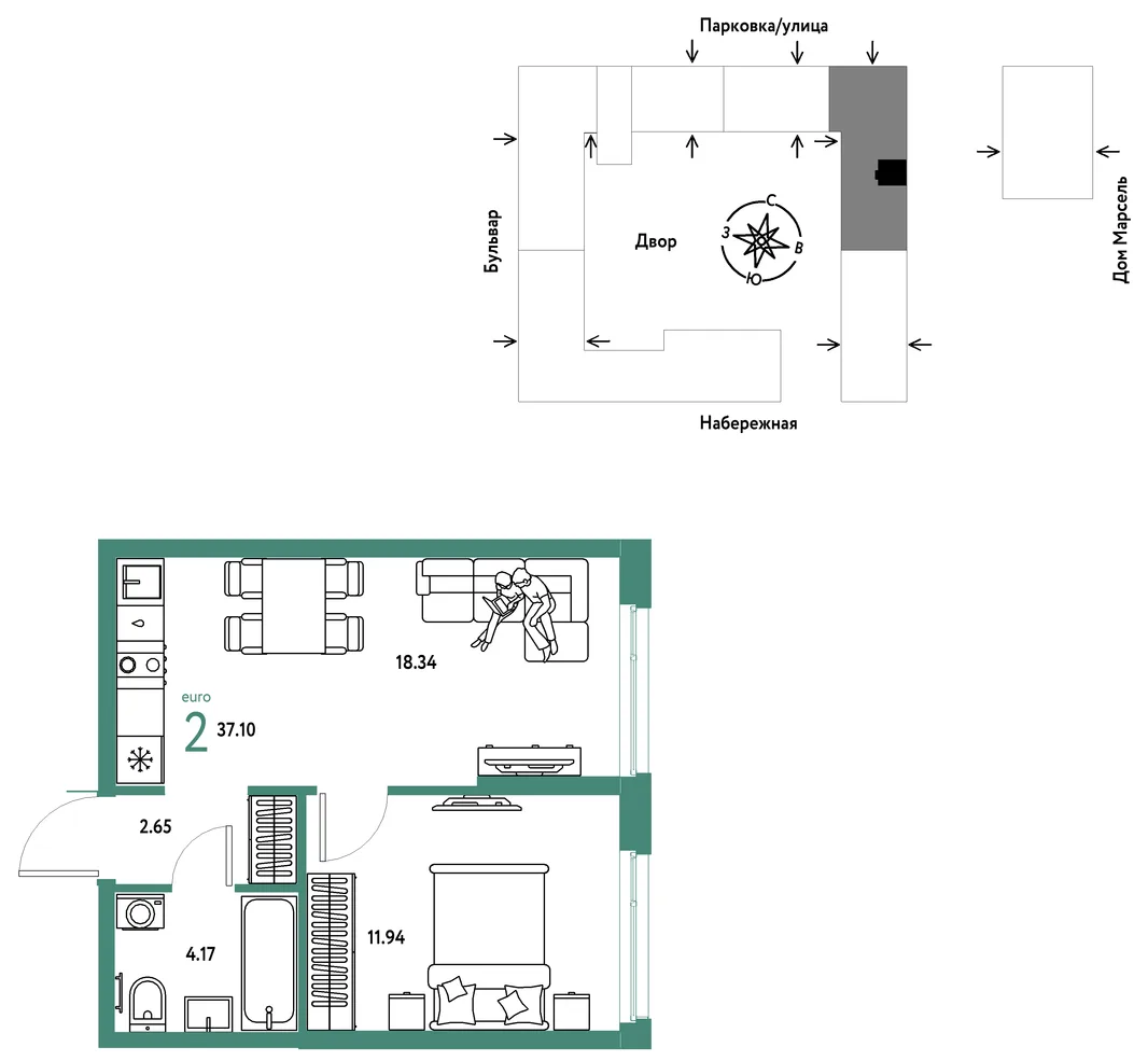 Планировка 2-комн. квартира, 37.1 м² ЖК «Европейский берег 2.0»