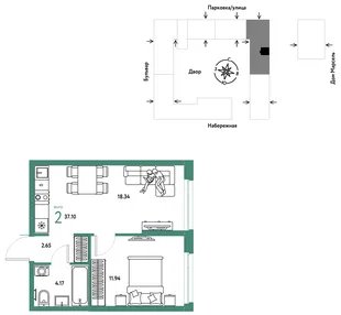 Планировка 2-комн. квартира, 37.1 м² ЖК «Европейский берег 2.0»