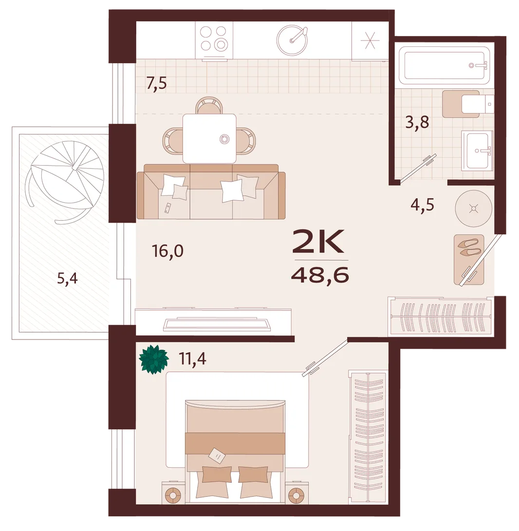 Планировка 1-комн. квартира, 48.6 м² ЖК «Роялта»