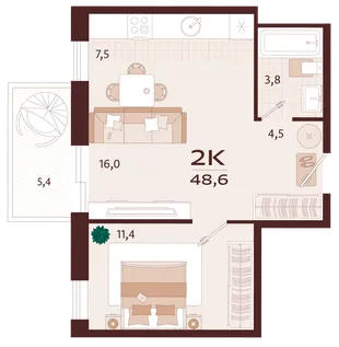 Планировка 1-комн. квартира, 48.6 м² ЖК «Роялта»