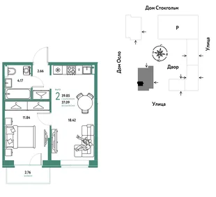 Планировка 2-комн. квартира, 39.85 м² ЖК «Европейский берег 2.0»
