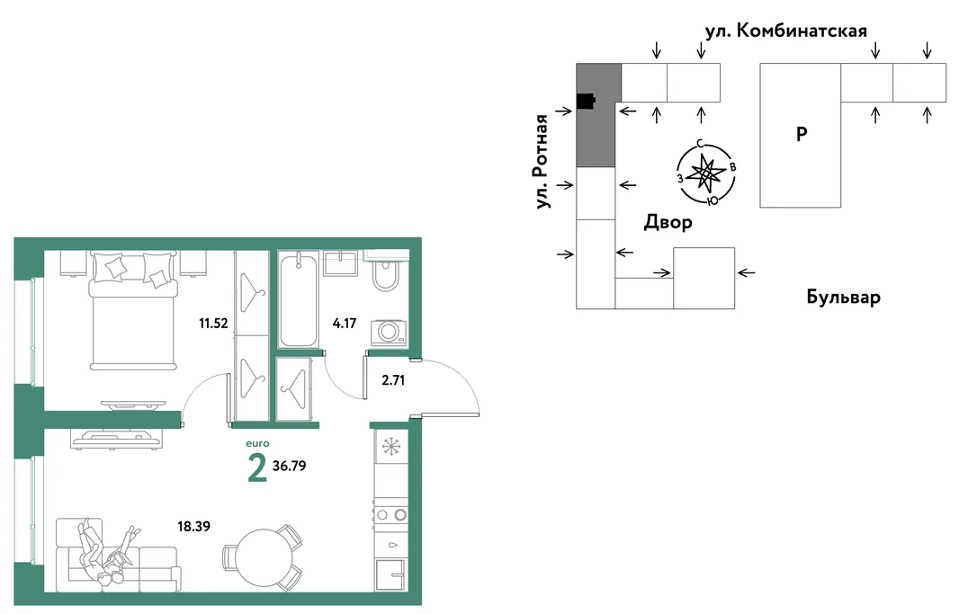 Планировка 2-комн. квартира, 36.59 м² ЖК «Уральский сад»