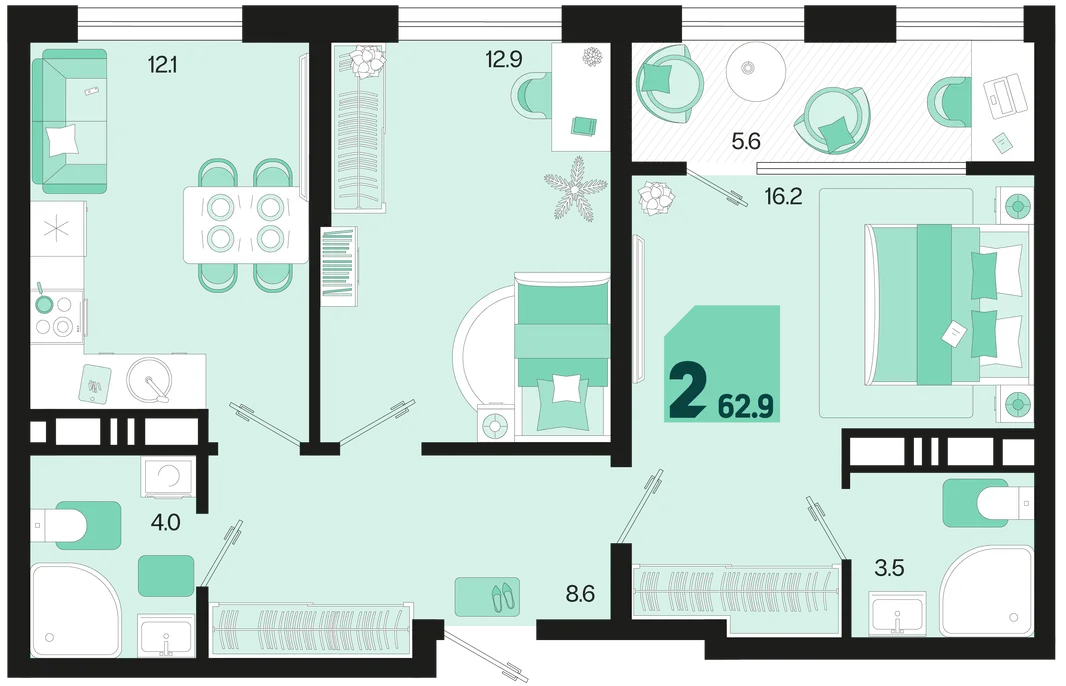 Планировка 2-комн. квартира, 62.9 м² ЖК «Первое место»